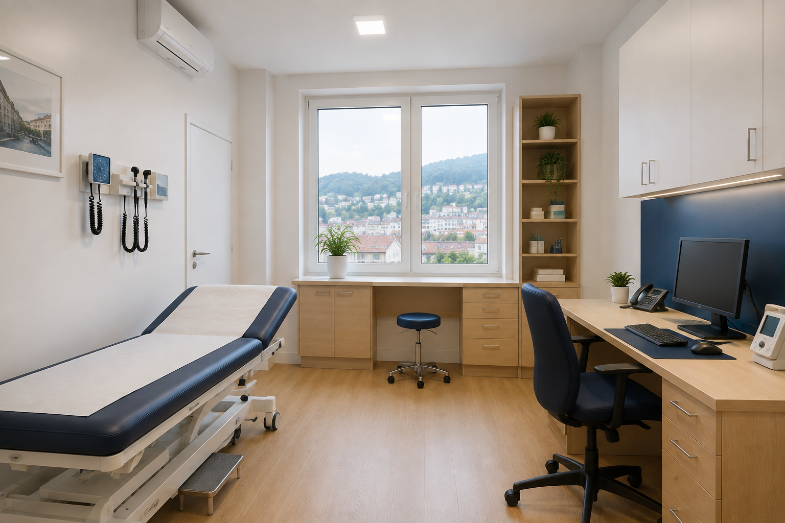 Sprechzimmer mit Untersuchungsliege der internistischen Praxis in Heidelberg